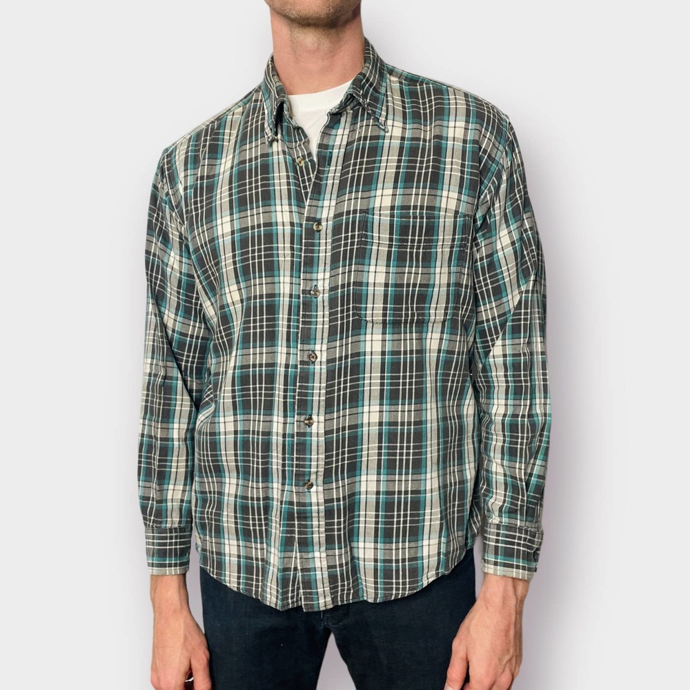 90s Members Only Teal and Gray Plaid‎ Button Down